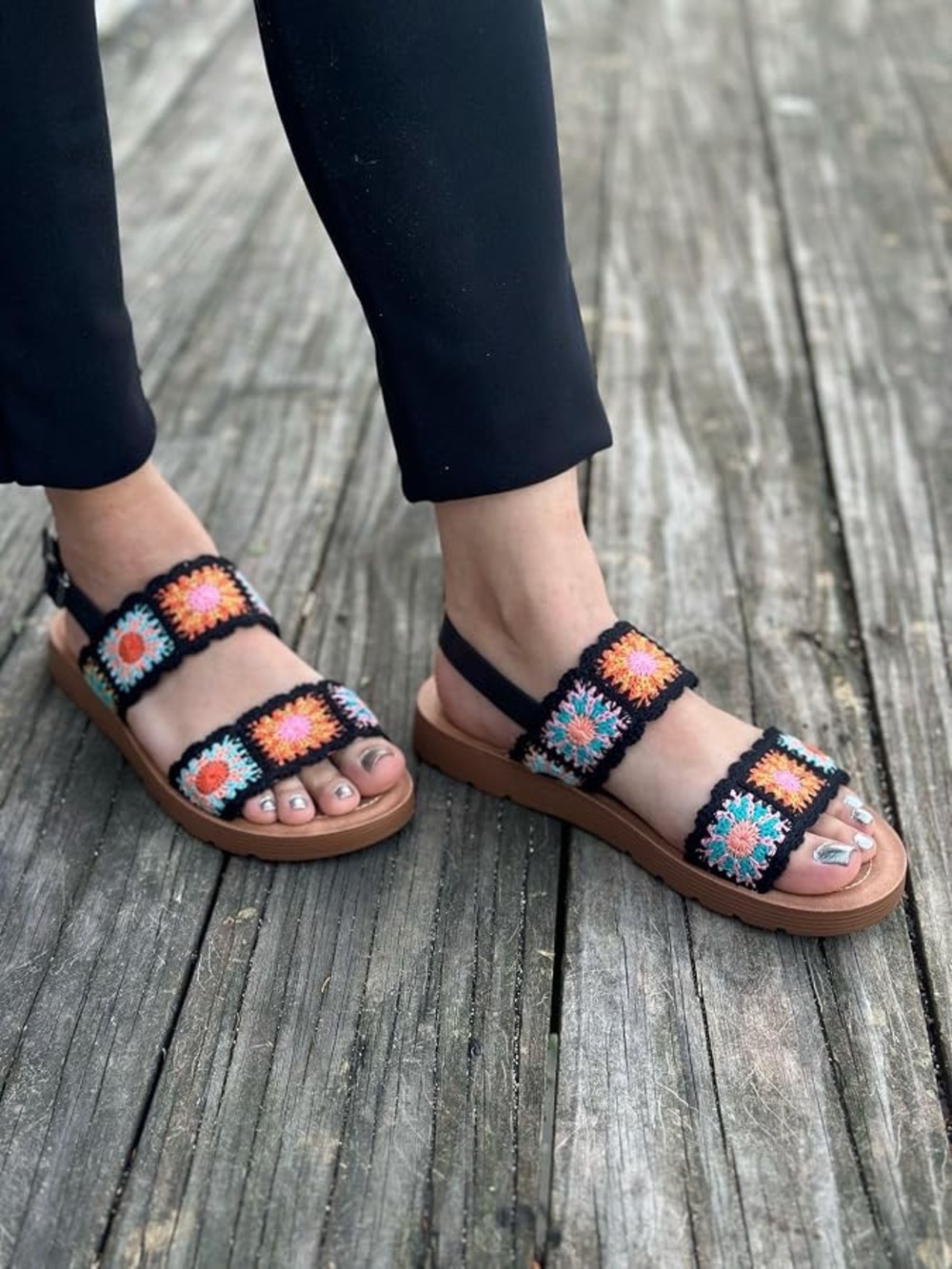 Forever Link Black Triple-Strap Crochet Floral Sandals with Brown Sole